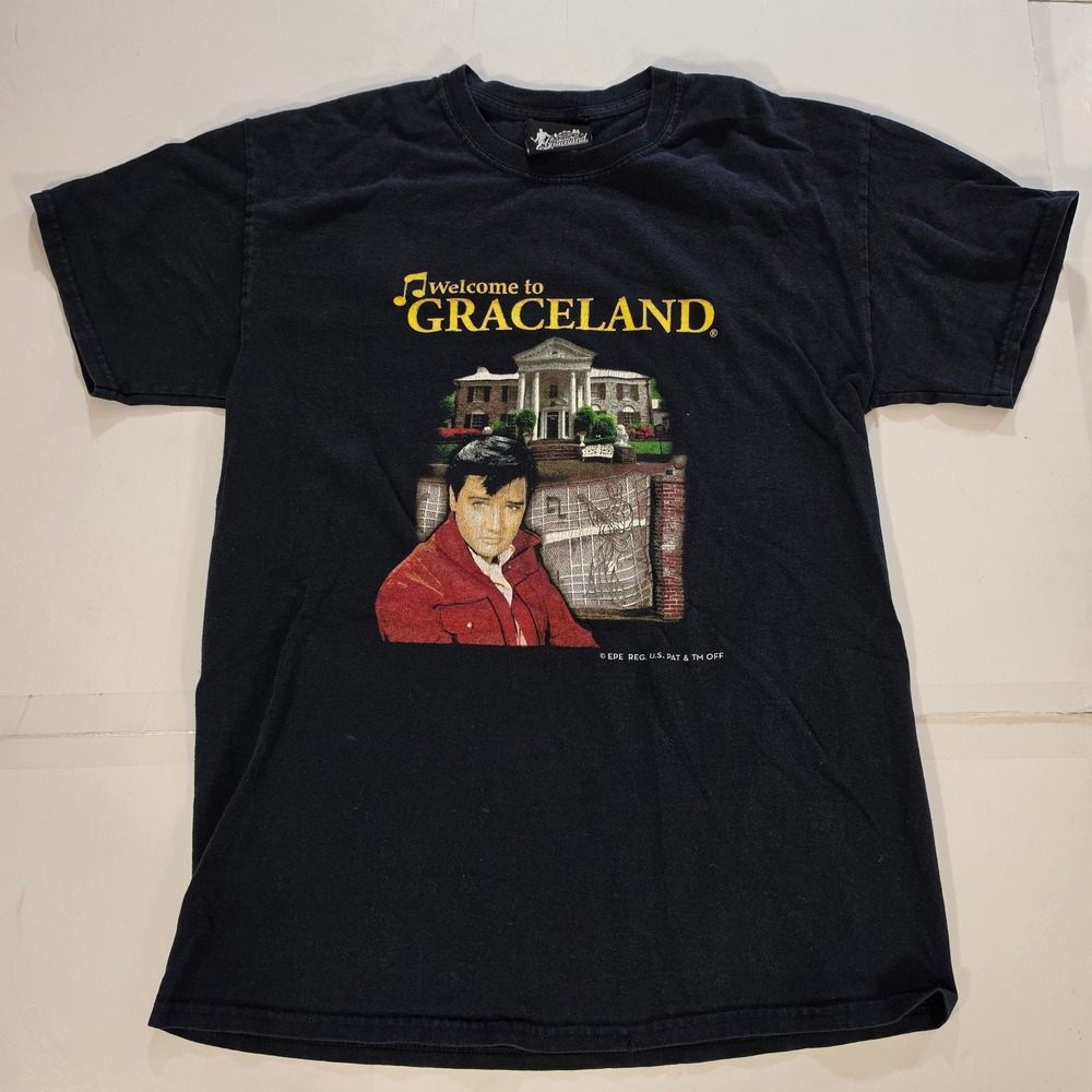 Vtg Y2K Elvis Presley Welcome to Graceland T-Shirt Mens Medium Black Graphic